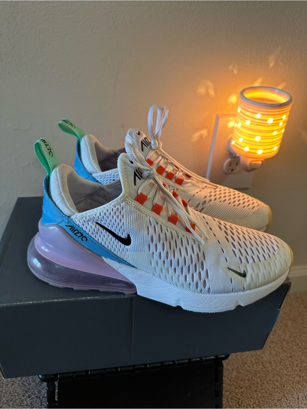 Nike Air Max 270, Women’s White Sneakers with Blue, Pink & Green Accents. Size 9